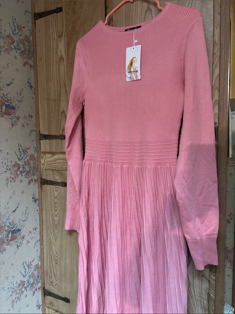 pink long-sleeve ribbed knit midi sweater dress size L